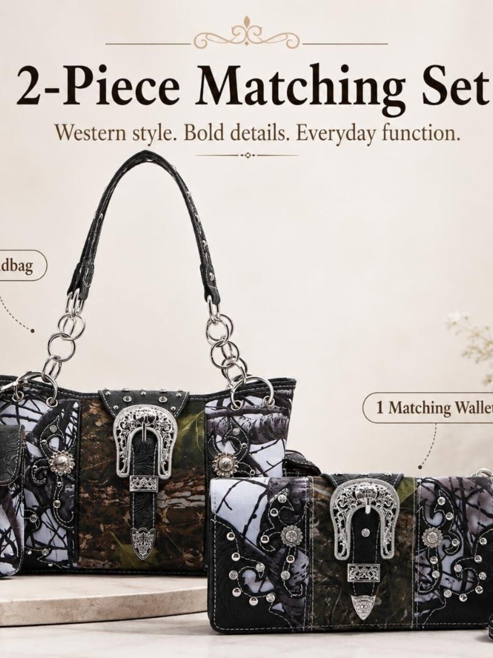 Western Camouflage Purse with Pouch and Wallet Set for Women | Decorative Buckle - Picture 3 of 7